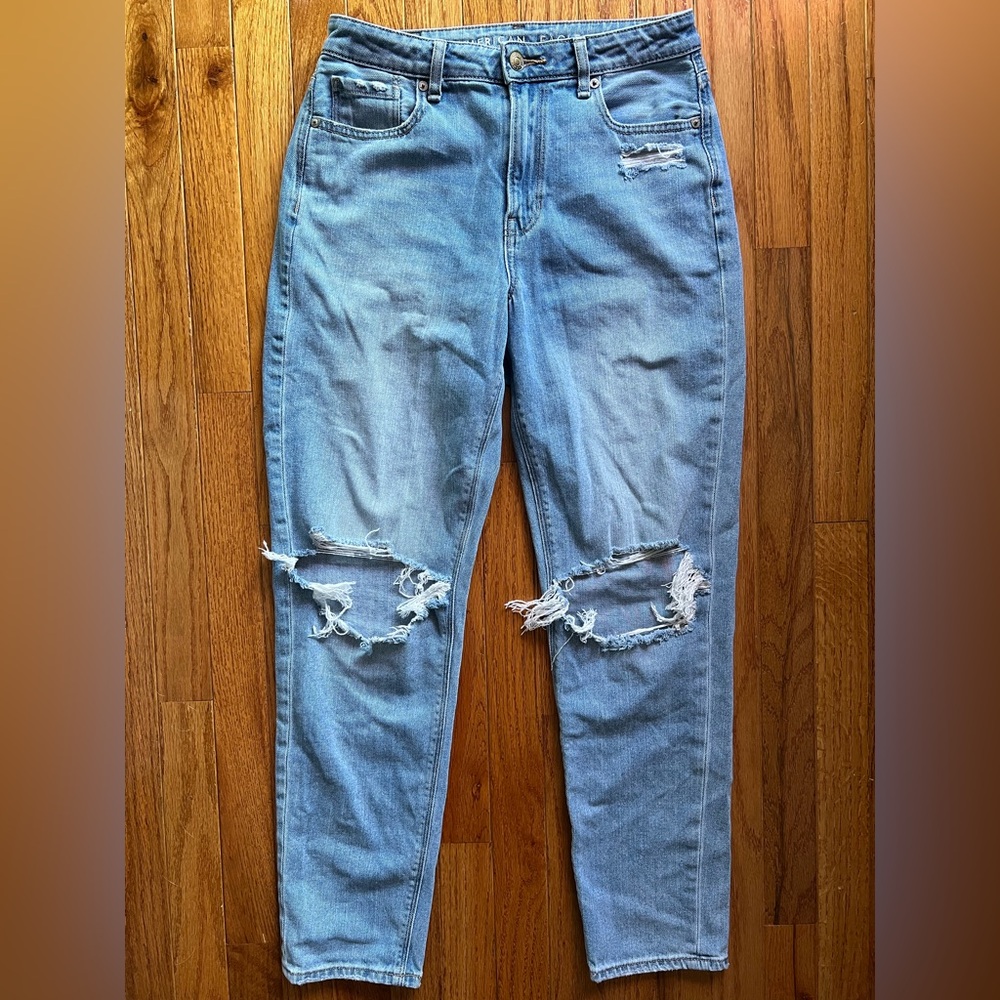 American Eagle Outfitters Light Blue Distressed Holes Mom Jeans size 4